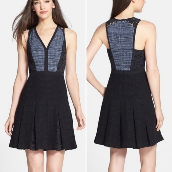 Rebecca Taylor Tweed Lace Pleated Dress NWT new 6 indigo navy blue mini short - Picture 1 of 12